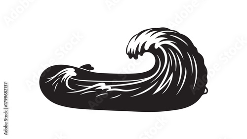 Dramatic stylized ocean wave illustration for powerful graphic design, surfing culture, and coastal themes, bold black and white design with dynamic movement and energy