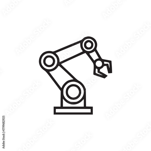 Illustration of a robotic arm with a gripper in black outline on a white background in a minimalist style