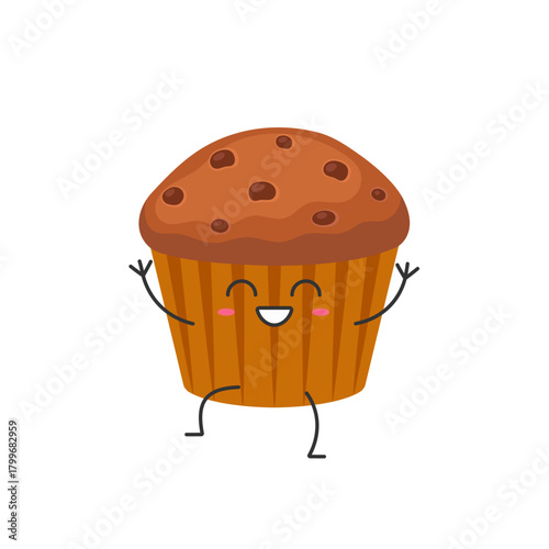 Cartoon character cute muffin greets, sweet baked goods, pastry, smile face kawaii joy happy emotions icon vector illustration.