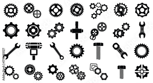 Set of engineering and mechanical icons featuring gears wrenches and bolts industrial and technical illustrations