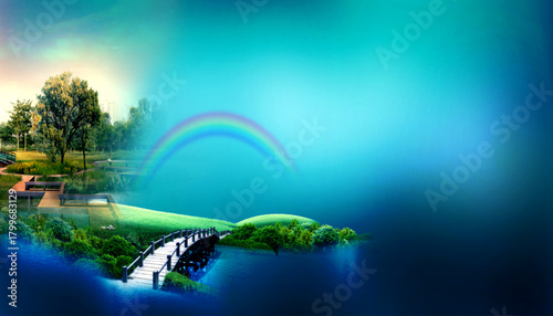 Serene landscape featuring a bridge over tranquil water under a vibrant rainbow and lush greenery