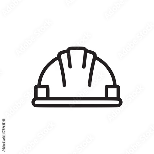 Illustration of a black and white construction hard hat icon on a plain white background space area