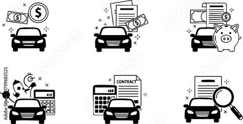 Car loan application process with documents calculator piggy bank and magnifying glass financial concept vector