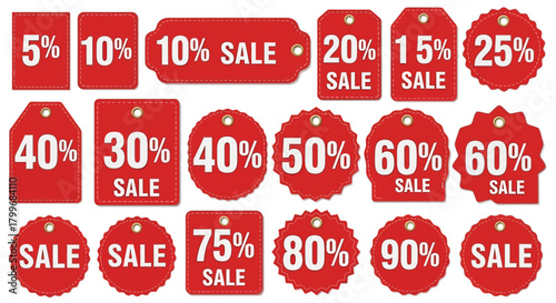Set of red sale tags various shapes and percentages retail promotions and discounts
