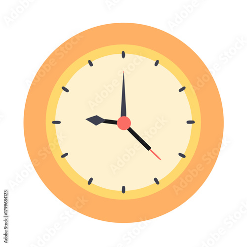 Round wall clock vector illustration with hour, minute, and second hands displaying time on a white background for business deadline and design icon