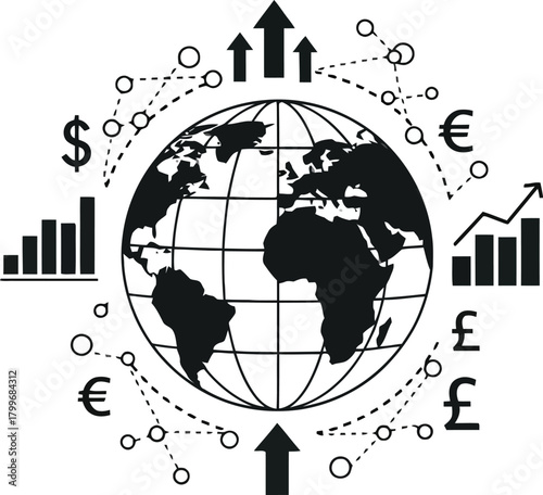Global financial growth and market trends illustrated with currency symbols, charts, and upward arrows, isolated on white background