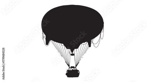 Dramatic black silhouette of a hot air balloon against a stark white background, evoking freedom and adventure, perfect for travel blogs, event posters, or inspirational designs