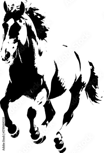 A dynamic black silhouette of a horse  exuding grace and strength against a clean white backdrop