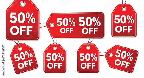 Set of red sale tags with 50 off promotional discount retail marketing isolated on white background