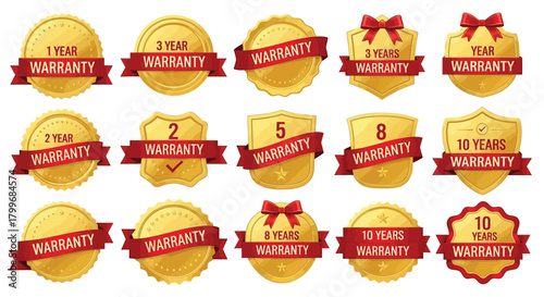 Warranty badge collection golden emblem set with red ribbon isolated warranty label product guarantee and assurance