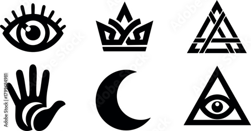 Set of mystical symbols including eye, crown, triangle, hand, crescent moon, and all-seeing eye vector collection