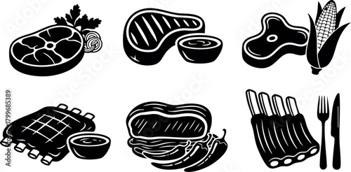 Meat cuts and barbecue grill icons with sauces and corn vector black silhouette set