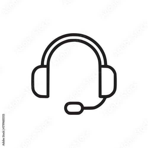 A simple black outline drawing of a headset with a microphone on a plain white background design icon
