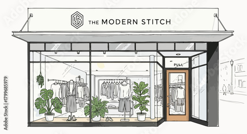 Modern boutique storefront sketch featuring signage canopy, full-width glass windows, structured interior displays, and a clean contemporary retail identity.