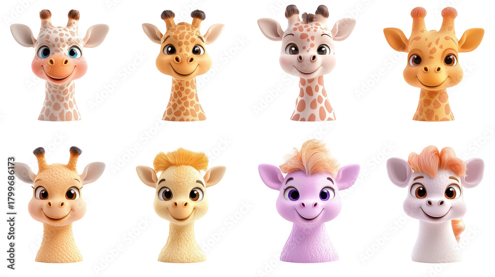 Fototapeta premium transparent background, isolated image. Colorful cartoon giraffe characters with cheerful expressions, showcasing various designs and styles, perfect for children's illustrations and playful themes