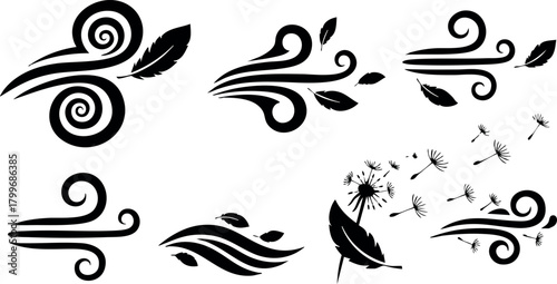 Wind and dandelion vector icons with swirling air gusts and leaf elements in black silhouette style