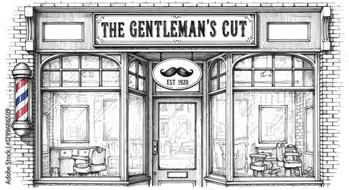 Vintage barbershop storefront sketch with classic signage, framed windows, striped pole, decorative paneling, and old-world urban retail personality.