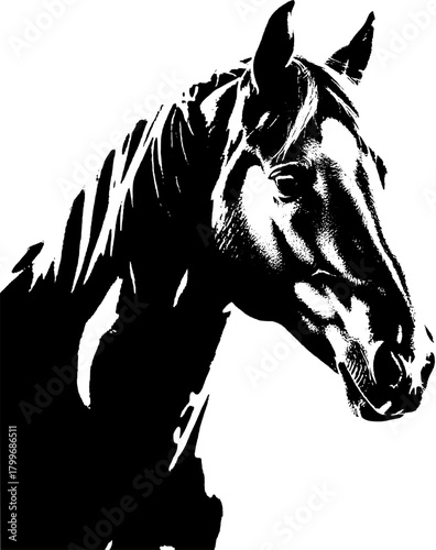 A dynamic black silhouette of a horse  exuding grace and strength against a clean white backdrop