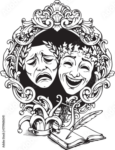 Theater Comedy and Tragedy Mask Illustration – Vintage Ornamental Drama Art
