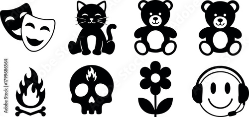 Set of black and white vector icons including theater masks, cat, teddy bear, campfire, skull, flower, and smiley face with headphones