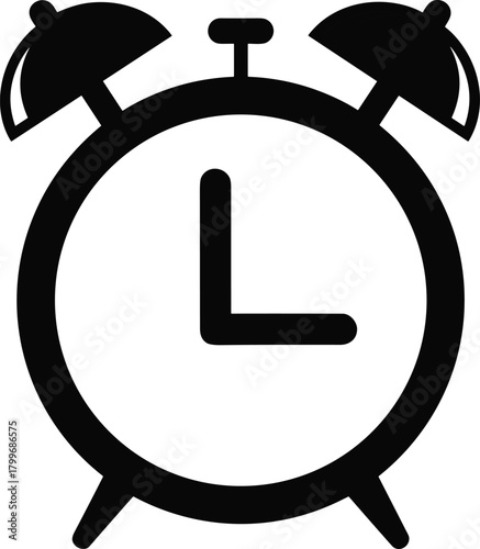 Black silhouette of a classic alarm clock with two bells and hands time wake up
