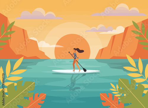 Woman Paddleboarding on Calm Sea at Golden Sunset – Summer Beach Activity Vector background
