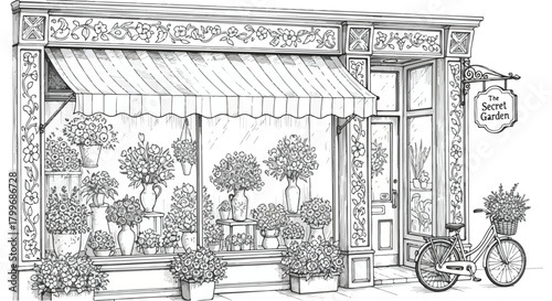 Detailed architectural storefront sketch of a vintage boutique with decorative awning, ornate facade framing, trimmed signage, and lush exterior plant arrangement.