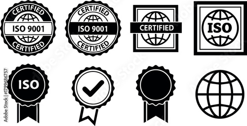ISO 9001 Certified Quality Assurance Seals and Global ISO Certification Icons Vector Set for Business and Industry Use