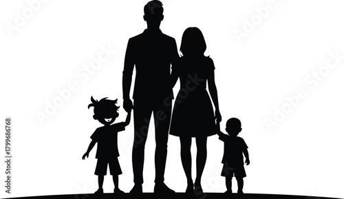 Black silhouette of a family with two children holding hands parents
