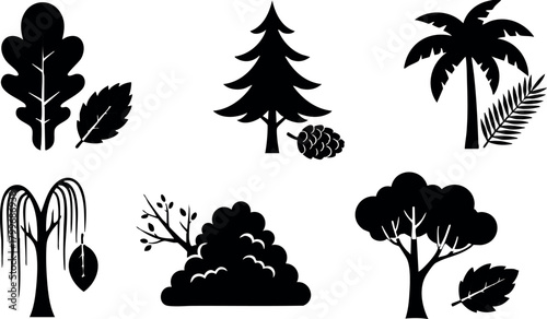 Vector black silhouette icons of various trees and leaves with natural shapes and different styles for design and decoration purposes