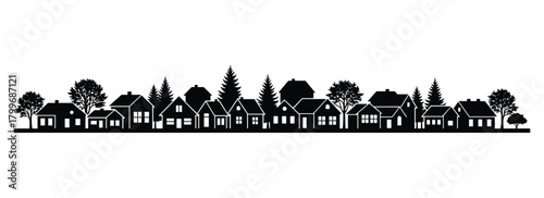 Black silhouette of a row of diverse houses and trees on a white background black and white