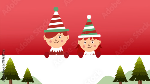 Cute christmas elves smiling above snowy field with pine trees below