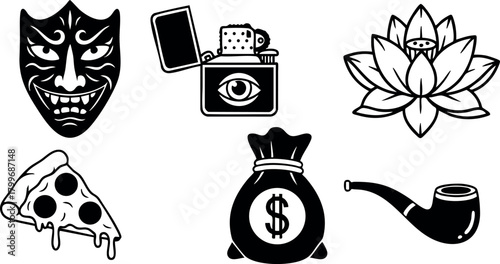 Collection of iconic black and white vector symbols including mask, lighter, lotus flower, pizza slice, money bag, and smoking pipe