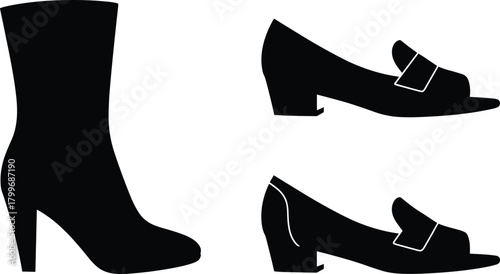 Black silhouette of a tall boot and two low heeled shoes on white background footwear