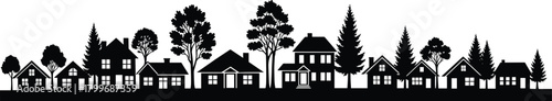 Black silhouette row of diverse houses and trees against white background neighborhood