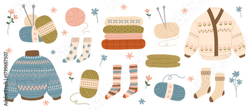Cozy knitted elements. Set of cute sweater, socks and yarn balls. Fall clothes kit. Vector flat illustration.