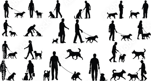 Black silhouettes of people walking dogs on leashes in various poses vector