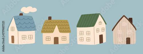 Cute tiny houses. Hand drawn small town houses. Cozy scandi cottage. Vector flat illustration.