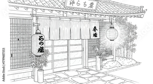 Architectural sketch of a traditional Japanese storefront featuring wooden slatted walls, hanging lanterns, fabric curtains, and culturally inspired exterior design.