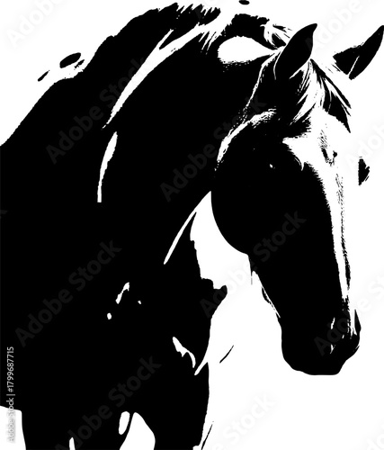 A dynamic black silhouette of a horse  exuding grace and strength against a clean white backdrop