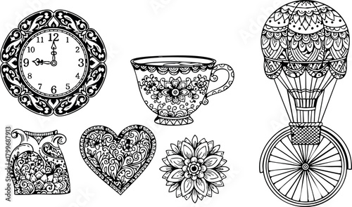 Vintage decorative clock teacup heart flower and hot air balloon delicate vector design elements collection