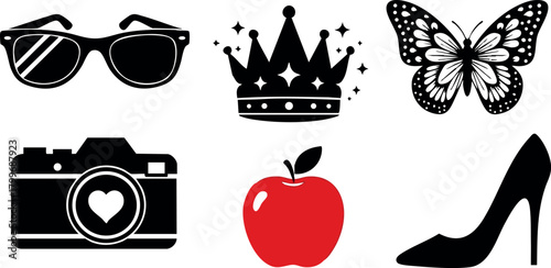 Stylish sunglasses crown butterfly camera heart apple high heel icons vector illustration set