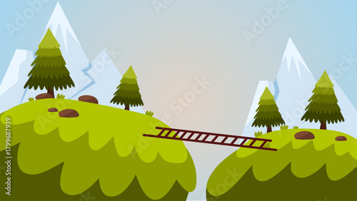 peaceful snowy christmas landscape with mountains trees and wooden bridge