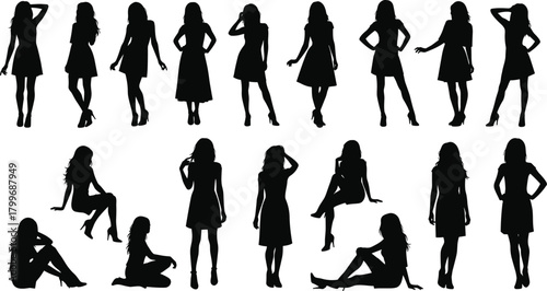 Collection of black female silhouettes in various poses and dresses woman girl