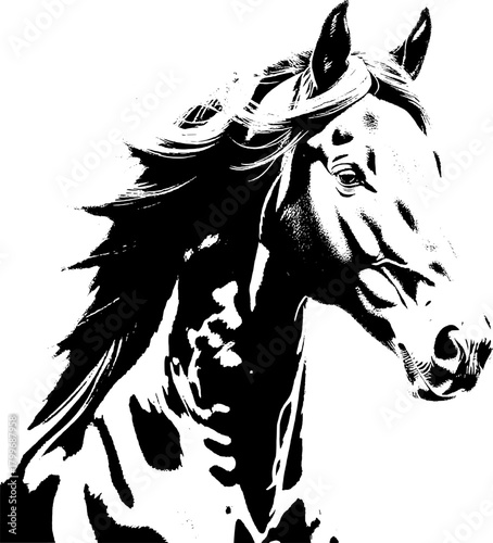 A dynamic black silhouette of a horse  exuding grace and strength against a clean white backdrop
