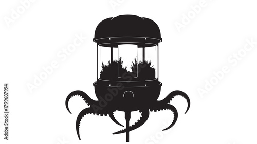 Intriguing futuristic terrarium with octopus tentacles, a captivating blend of nature and technology for innovative concepts, ideal for sci-fi themes and creative designs, a modern twist