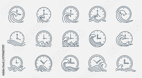 Timeless tide collection showing clocks intertwined with ocean waves, great for deadlines, projects, schedules and time management concepts, scalable design