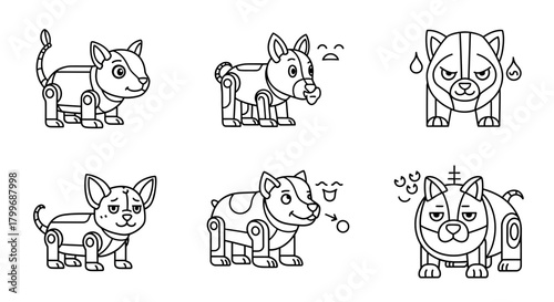 Expressive robot dog illustrations for design projects, six cute robotic canine characters with unique poses and emotions, perfect for digital artwork