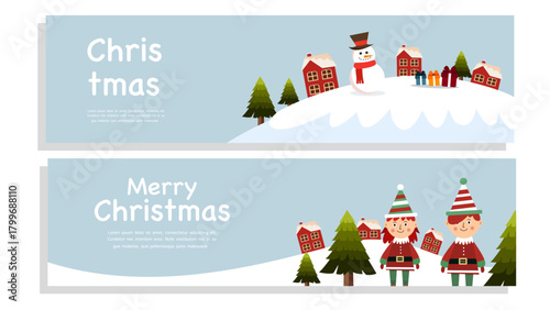 peaceful christmas banner design with snowy hills trees and cheerful characters