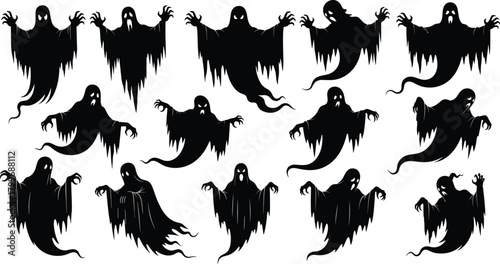 Collection of black silhouette ghosts with glowing eyes and tattered edges white background
